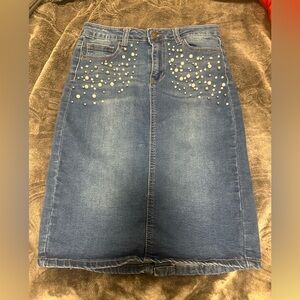 Blue Denim Skirt with Pearl Embellishments satin doll jeans